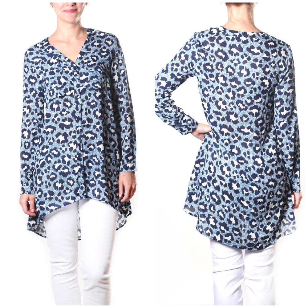 Joy Joy Tunic Top Womens Blue Leopard Long Sleeve Button Down V Neck Size M